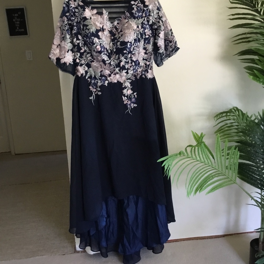 Embroidered Navy High-Low Evening Dress with Pink Floral Detail